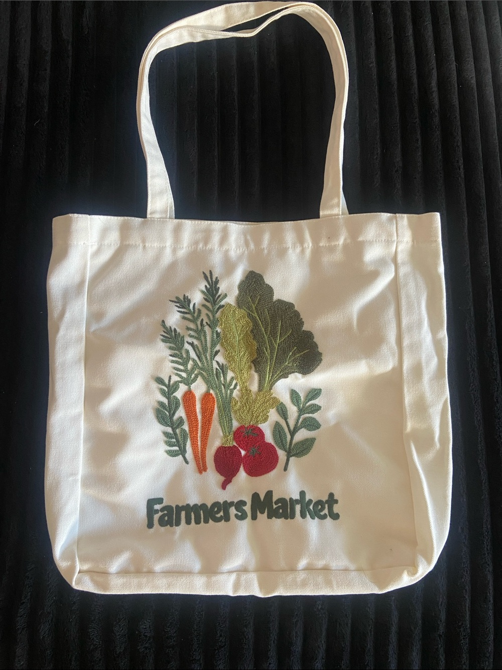 Farmers Market White Canvas Tote Bag with Vegetable Embroidery